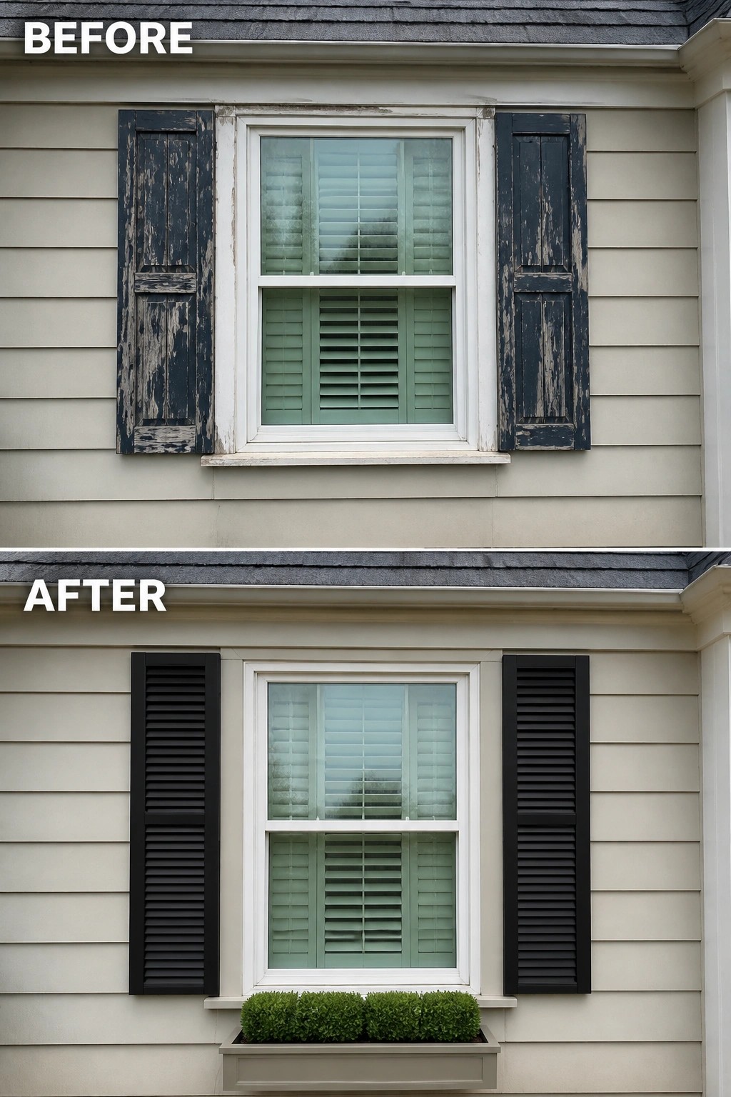 Before-and-after image of a house window where old peeling wooden shutters are replaced with new louvered shutters and a window box with small shrubs.