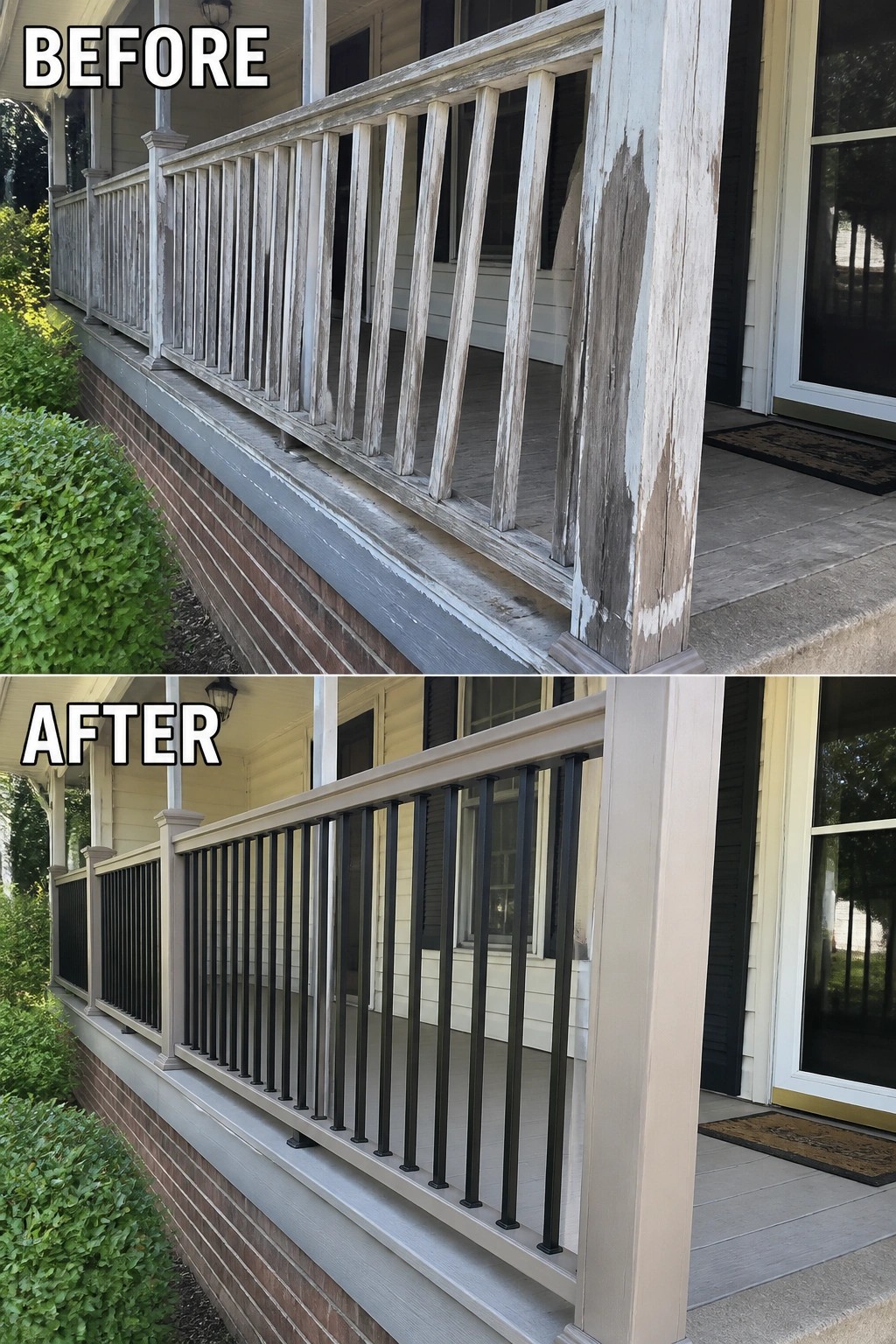 Before-and-after image of a front porch railing showing peeling painted wood replaced with freshly painted posts and black metal balusters.