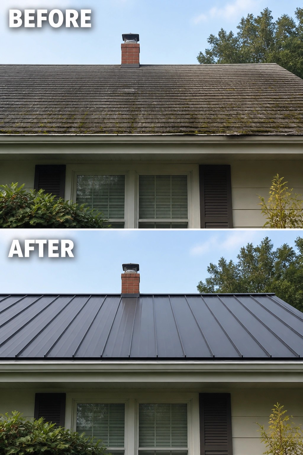 Before-and-after image of a house roof showing old mossy asphalt shingles replaced with a new standing-seam metal roof.