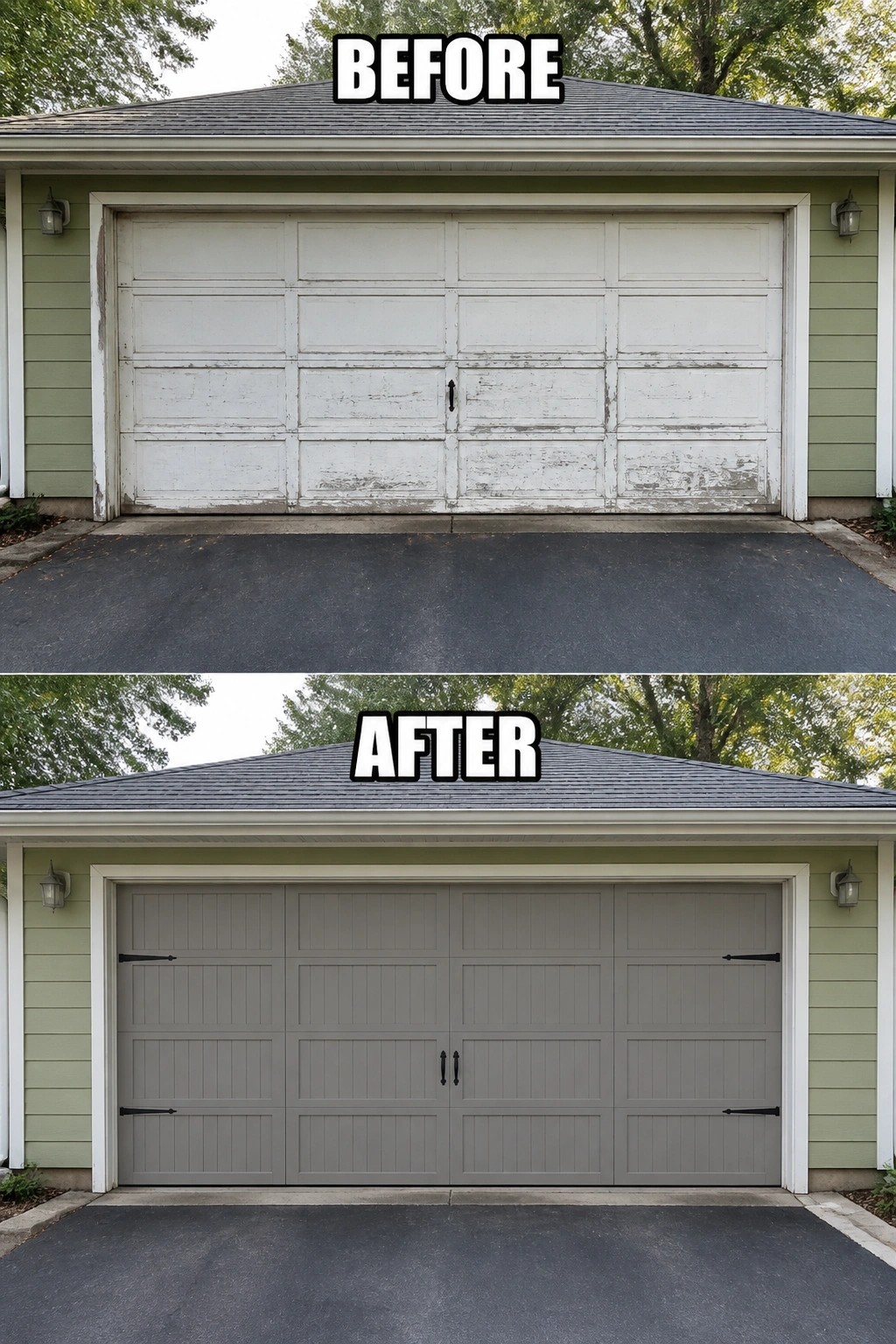 Before-and-after image of a worn, peeling garage door replaced with a new paneled gray garage door with decorative black hardware.