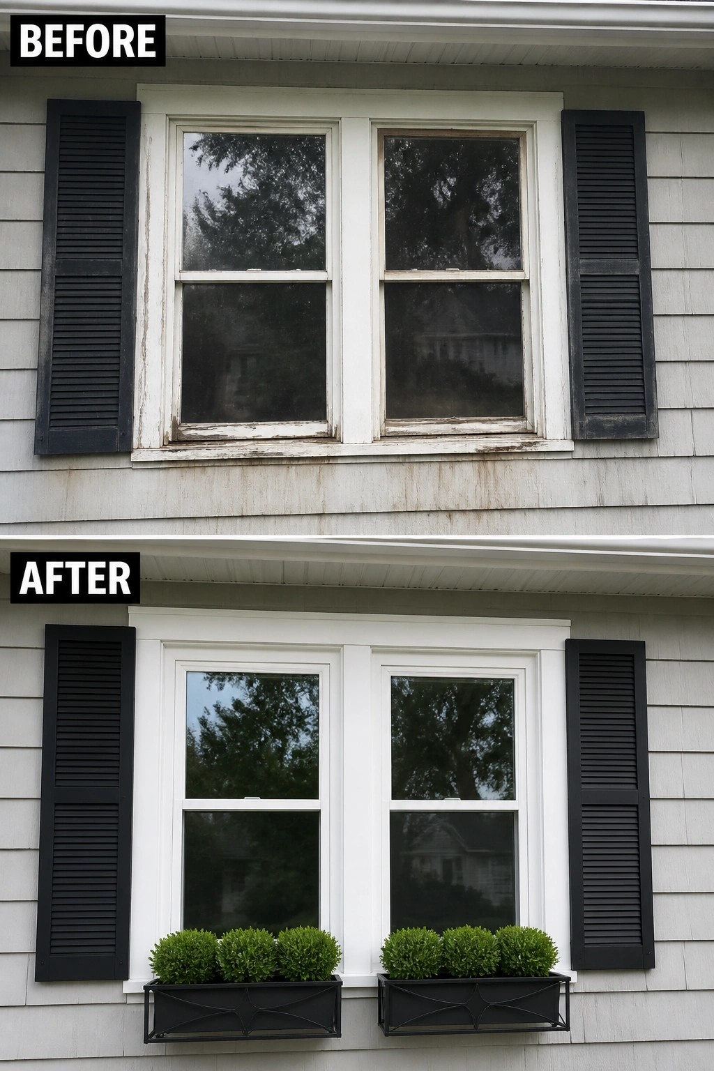 Before-and-after image of a house exterior showing old, rotted window trim replaced with fresh white trim, shutters, and window boxes.