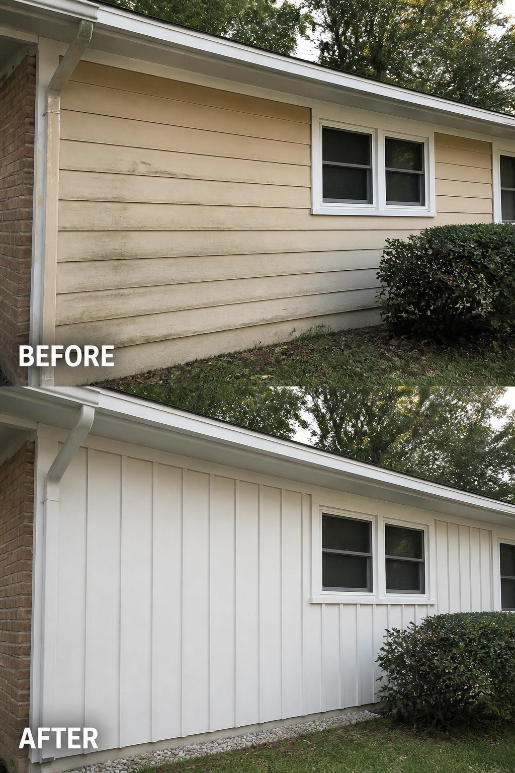 Before-and-after image of a ranch house exterior where aged horizontal siding is replaced with clean white vertical board-and-batten siding.