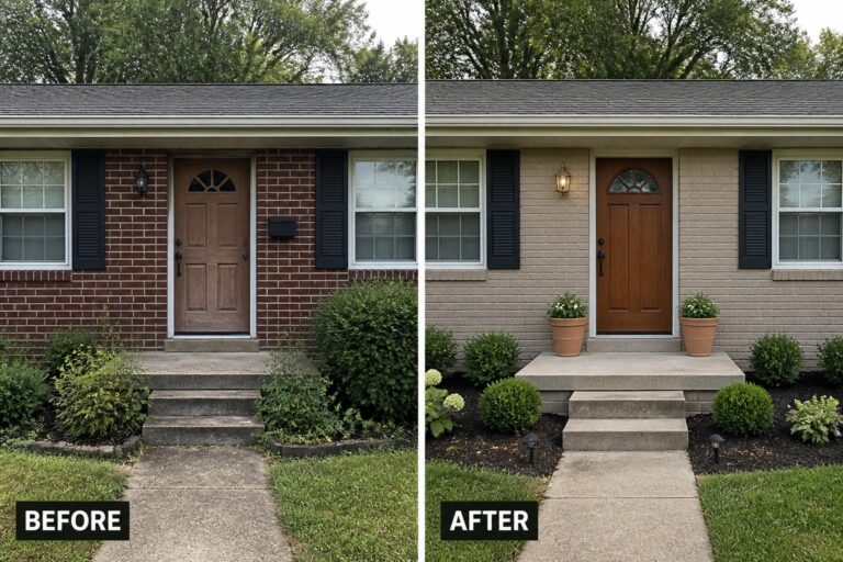 Before-and-after image of a red brick front facade restained to a warm beige with a new entry light and potted plants.