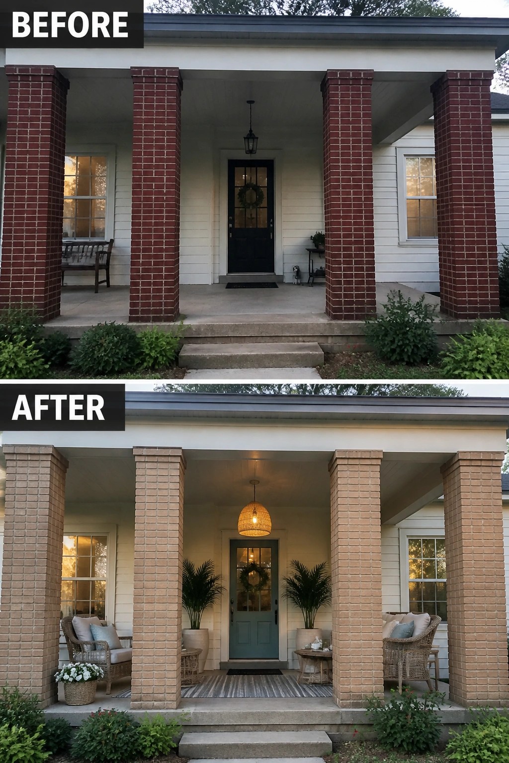Before and after porch: painted tan brick columns, teal door, wicker chairs, potted plants