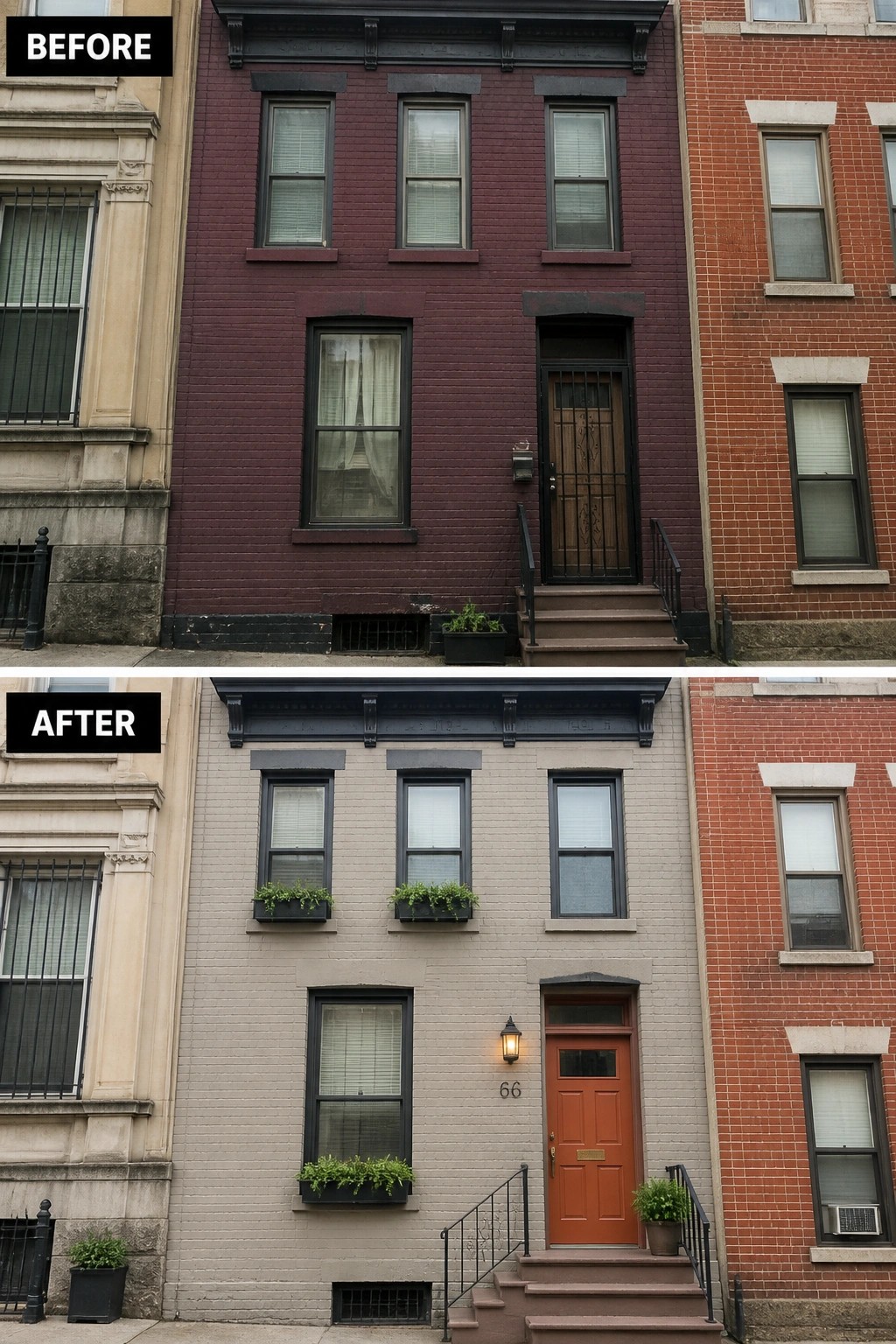 Dual before-and-after rowhouse facades: maroon to light gray, orange door, black trim, window boxes.