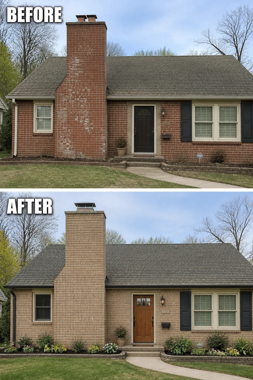 Before: red brick house with stained chimney and dark door; After: beige brick, wooden door.