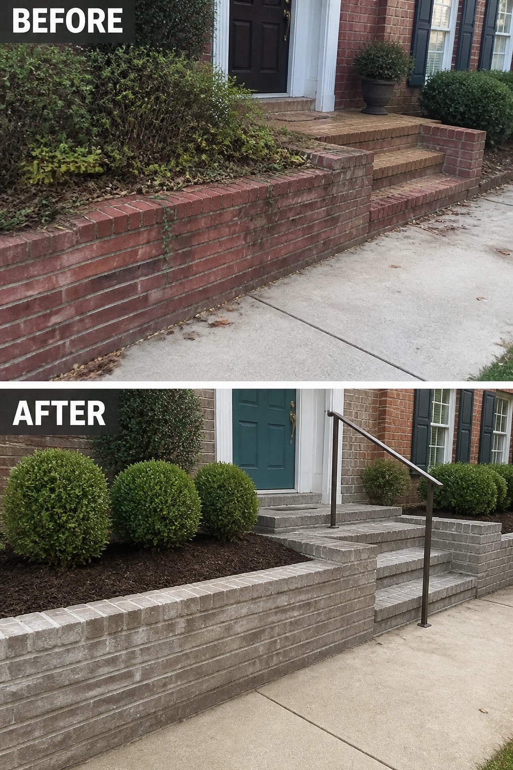 Before-and-after image of a home's red brick front steps and retaining wall updated to a light gray stained finish with trimmed shrubs and a new handrail.