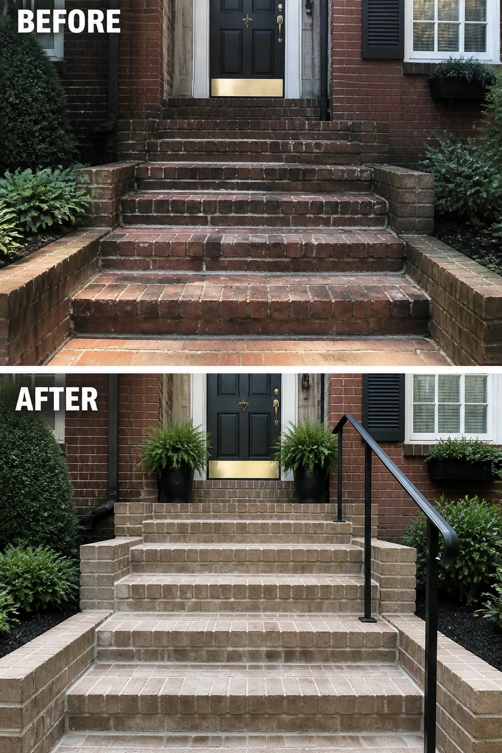 Before-and-after image of a home's front brick steps updated from dark weathered red brick to a lighter uniform stained finish with a black handrail and potted plants.