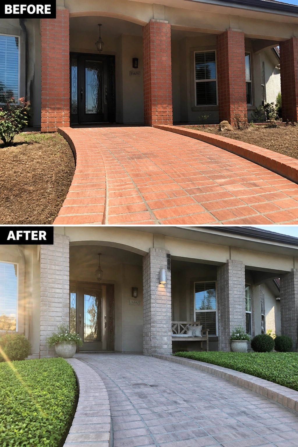 Before-and-after image of a front entry where orange-red brick walkway and porch columns have been restained to a softer neutral tone and styled with planters and a bench.