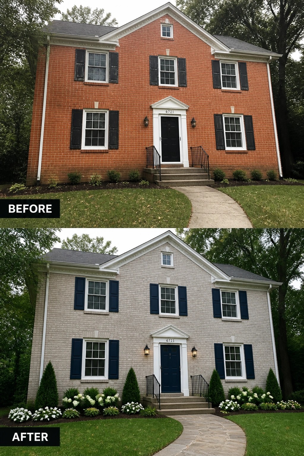 Before-and-after house: red brick with black shutters; now light gray, navy shutters, blue door