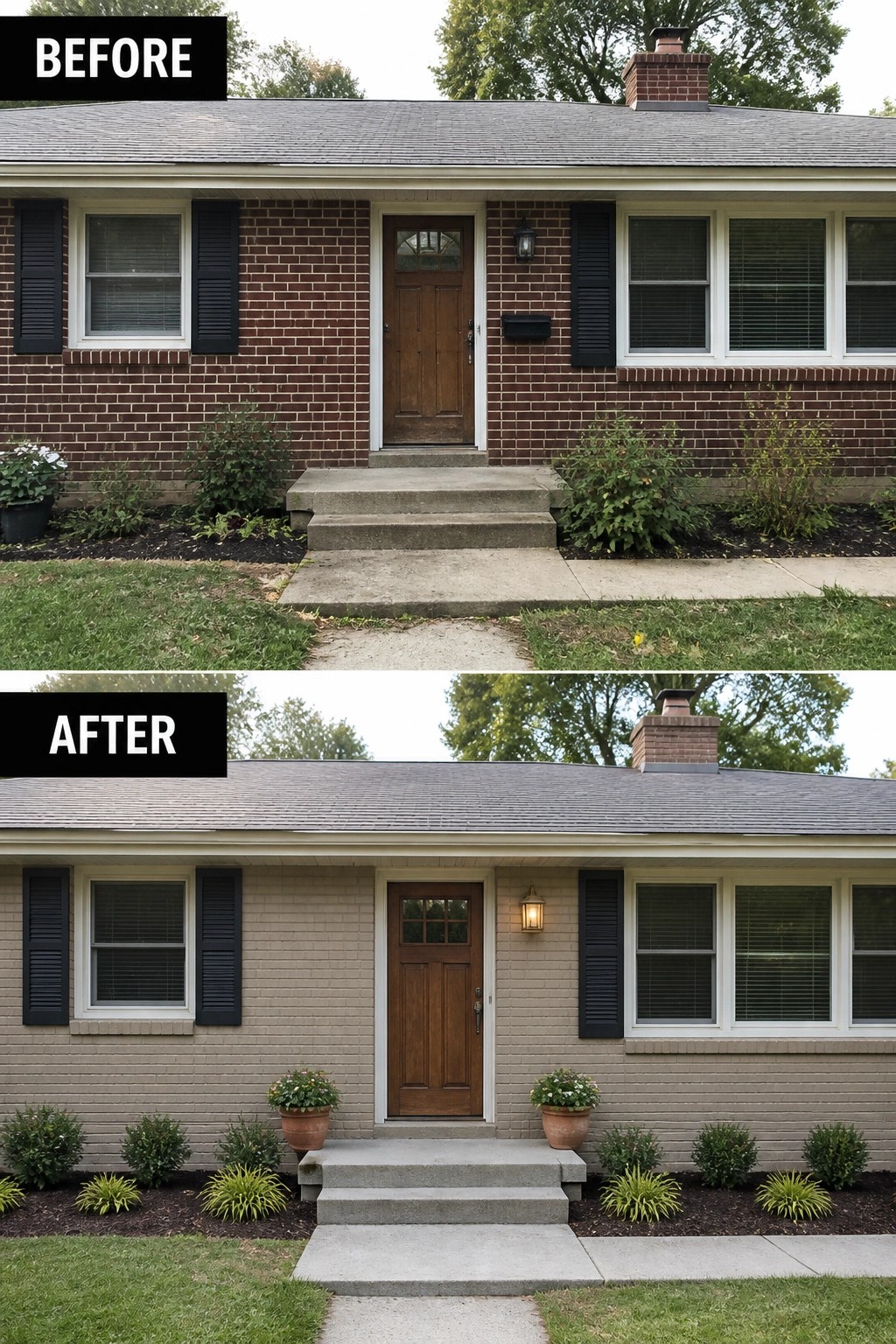 Before-and-after image of a red brick front facade restained to a warm beige with a new entry light and potted plants.