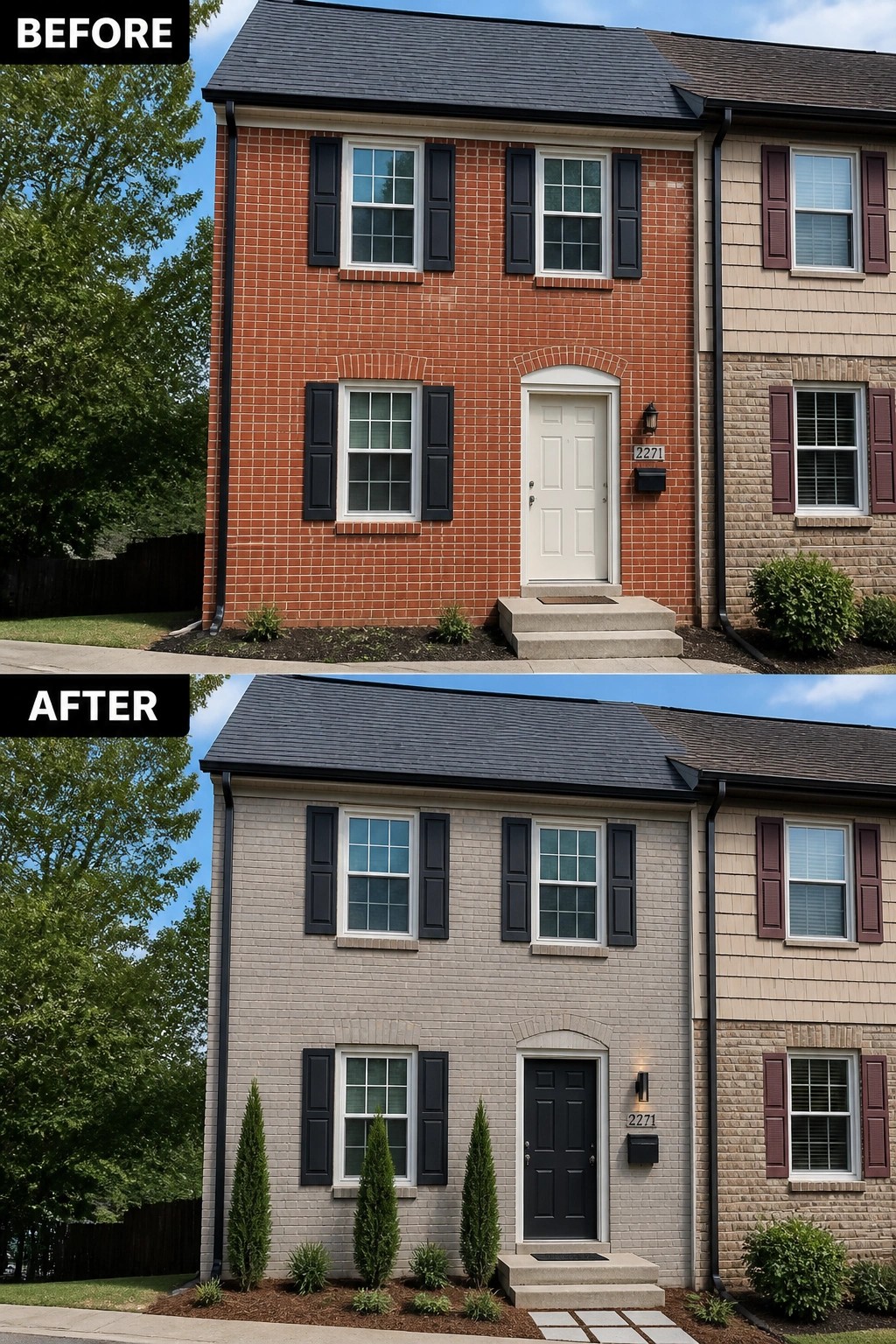 Before-and-after image of a townhouse exterior where bright red brick was stained a soft neutral and the entry was updated with a dark door and new plantings.