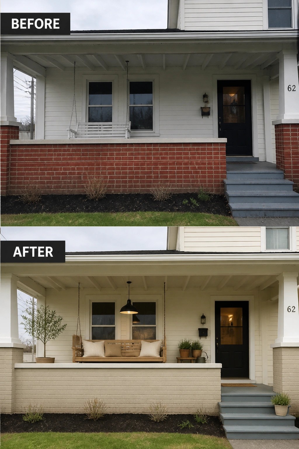 Before-and-after image of a front porch updated from a bare entry to a styled seating area with a wooden swing