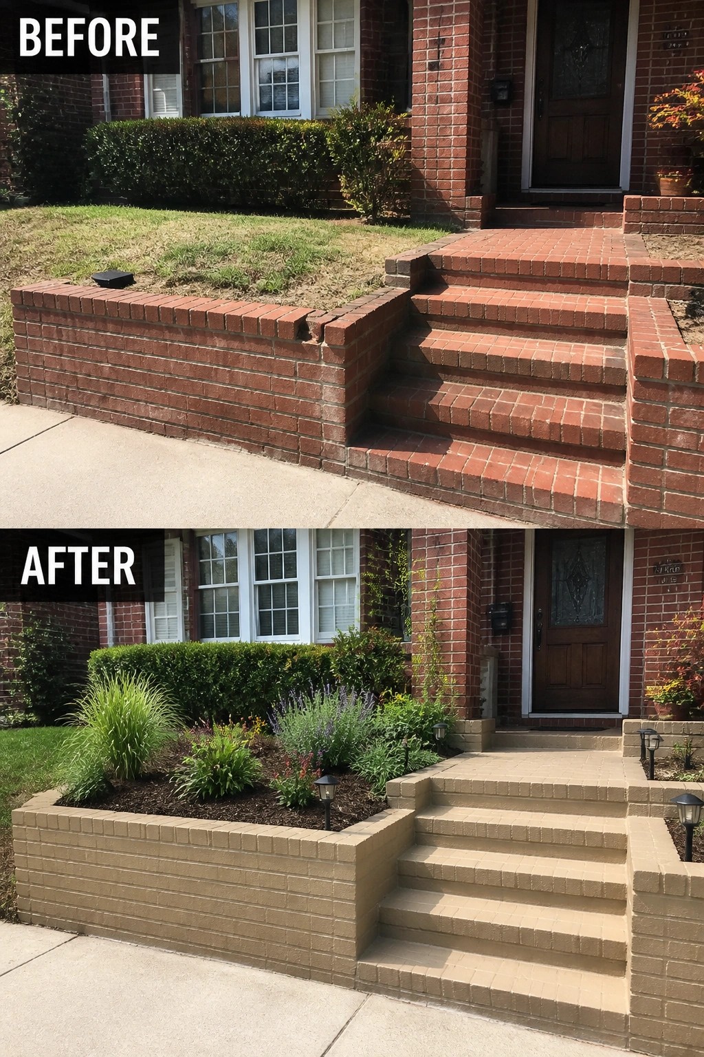 Before-and-after image of a front entry where red brick steps and a low brick wall were stained a tan color and a planted bed with low lights was added.