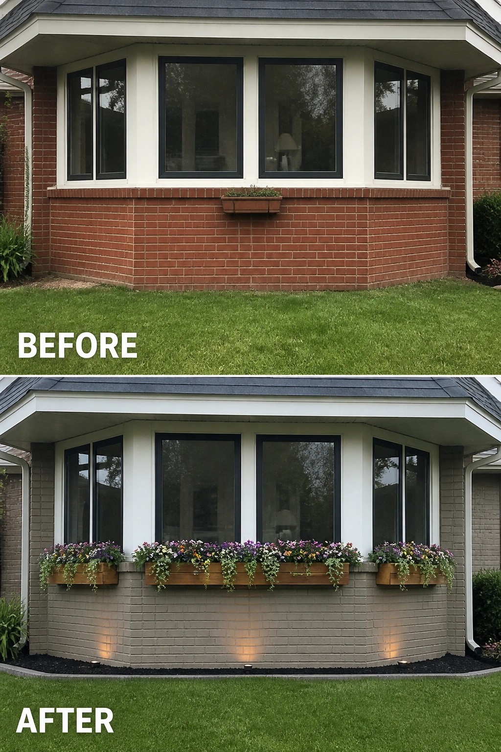 Before-and-after image of a home's bay window showing red brick stained to a soft gray and new wooden window boxes with flowers plus low uplighting.