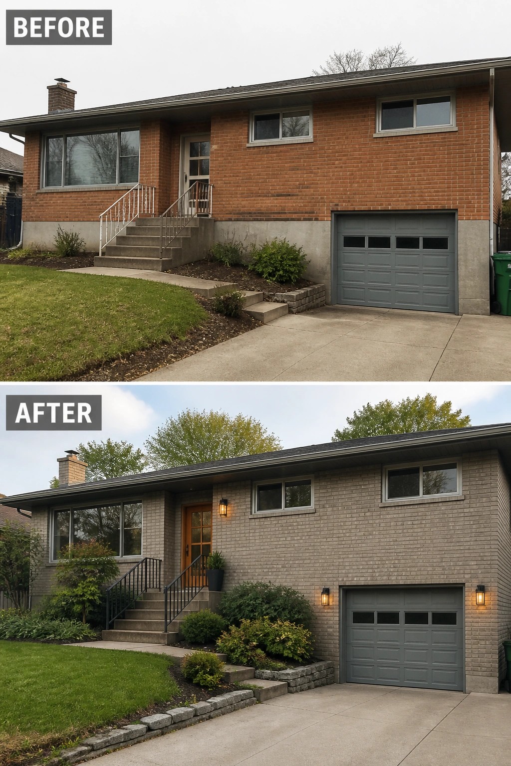 Before-and-after image of a brick house exterior where orange-red brick was stained to a softer gray tone and the entry received a new door, lighting, and added plantings.