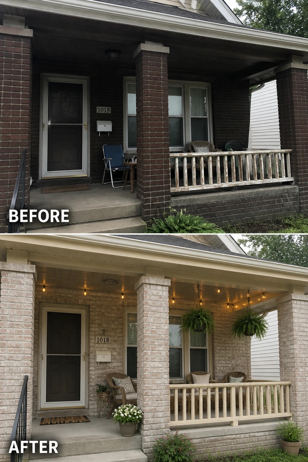 Before-and-after image of a front porch showing dark original brick updated to a light-stained brick with new railing, hanging plants, and string lights.