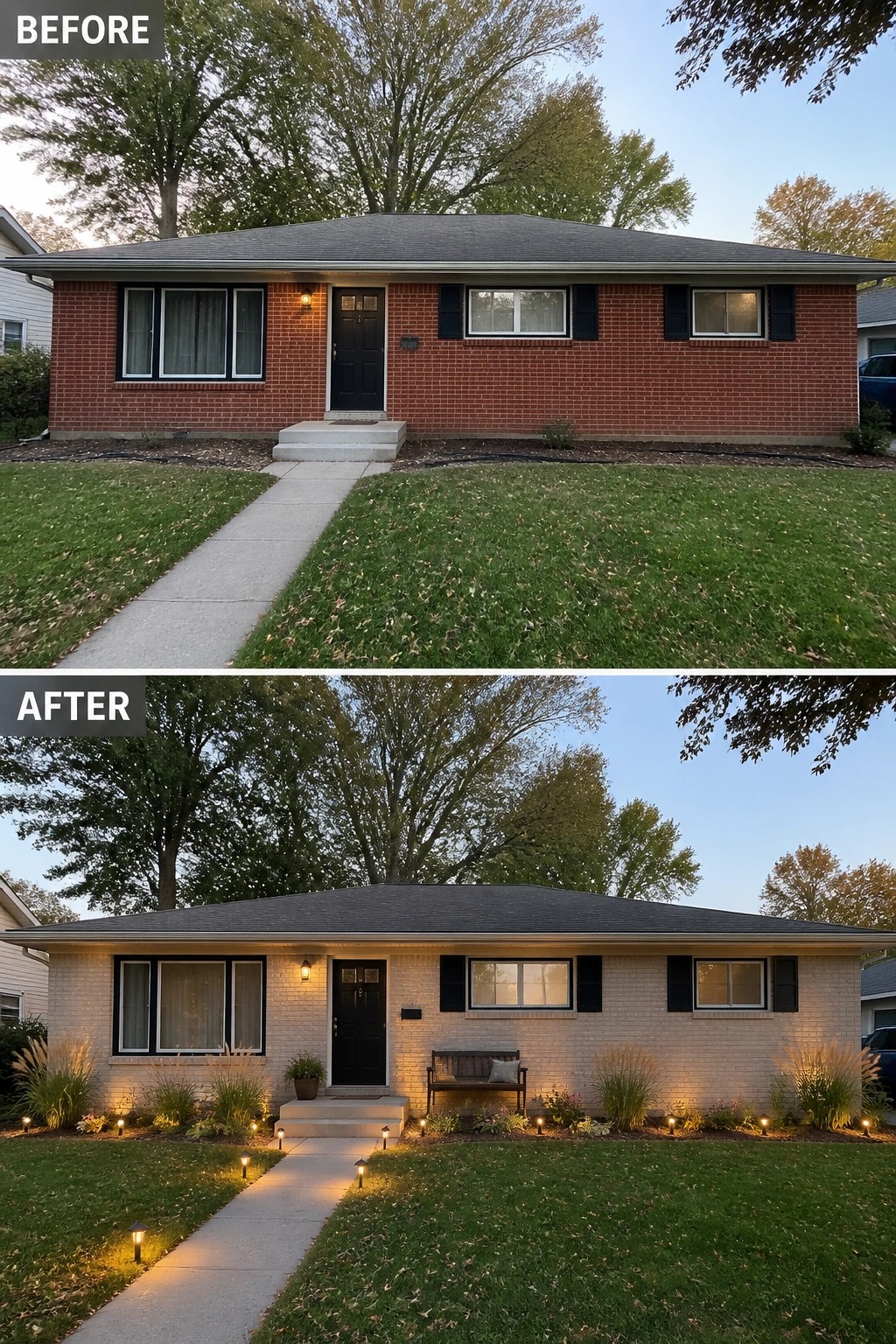 Before-and-after image of a red brick ranch house updated with pale stained brick, new planting beds, and pathway lighting.