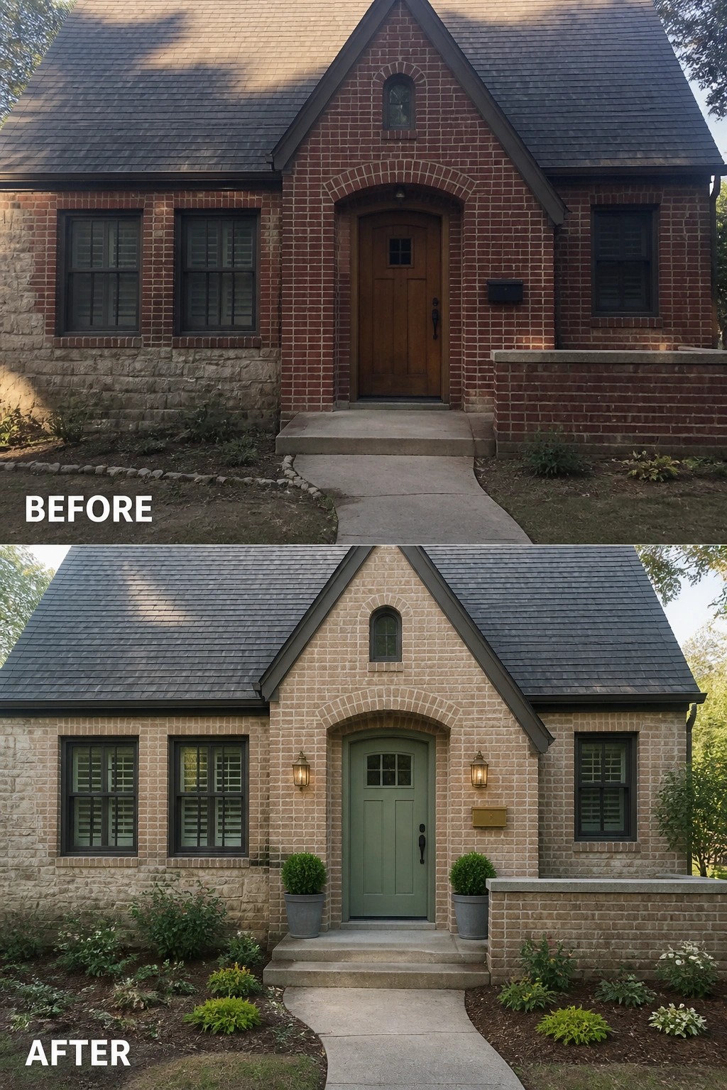 Before-and-after image of a red brick house exterior where the brick is stained a lighter beige and the front door is painted a soft green.