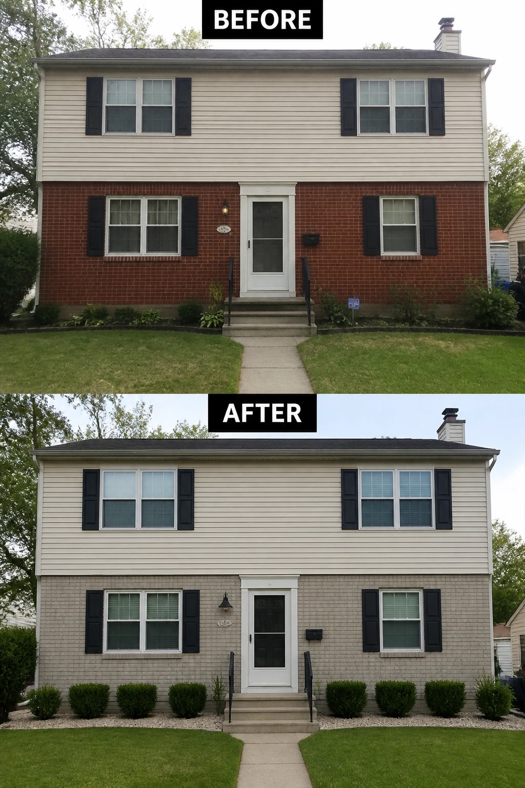 Before-and-after image of a two-story house where the lower red brick facade is stained a light beige-gray and low shrubs with a gravel bed are added.