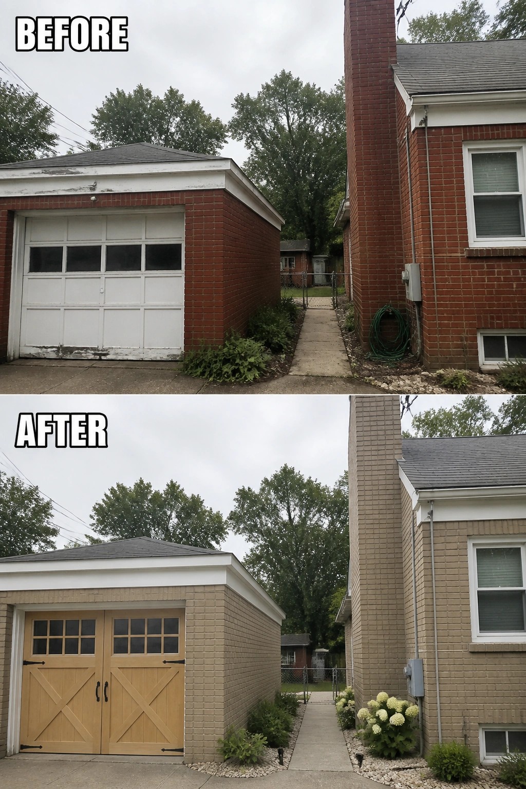 Before-and-after image of a home's exterior showing red brick stained to a light beige tone with a new carriage-style garage door.