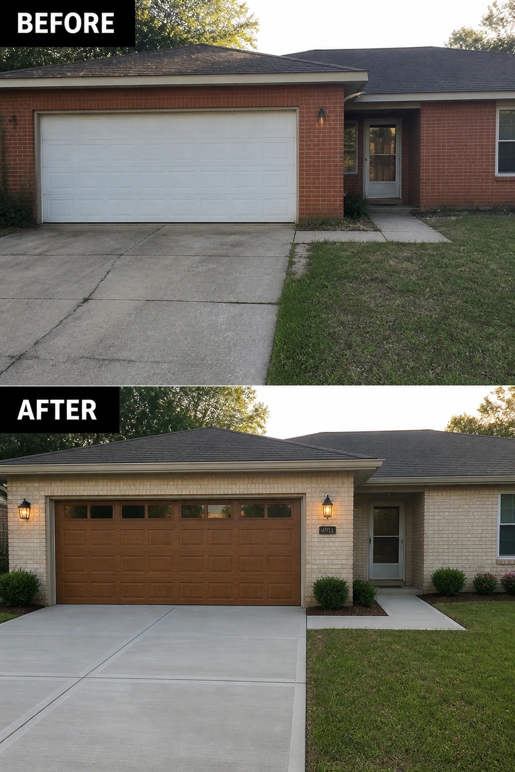 Before-and-after image of a brick house exterior where darker red brick and a plain white garage door were updated to a lighter stained brick finish with a wood-look garage door and new lanterns and shrubs.