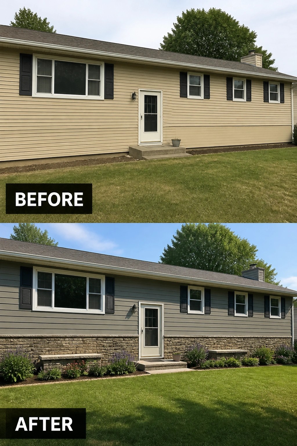 Before-and-after image of a raised ranch exterior upgraded by changing beige siding to gray and adding a stone lower facade.