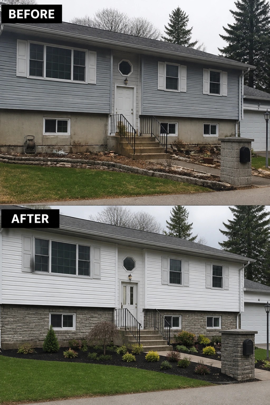 Before-and-after image of a raised ranch where the lower concrete was covered with stone veneer and the upper siding was replaced with fresh white siding, plus new planting beds.
