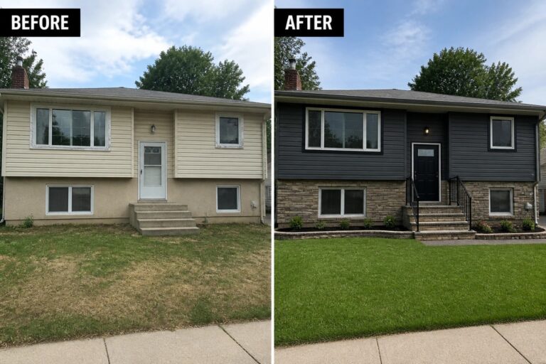 Before-and-after image of a raised ranch exterior updated by replacing light vinyl siding with dark siding and adding stone veneer at the foundation.