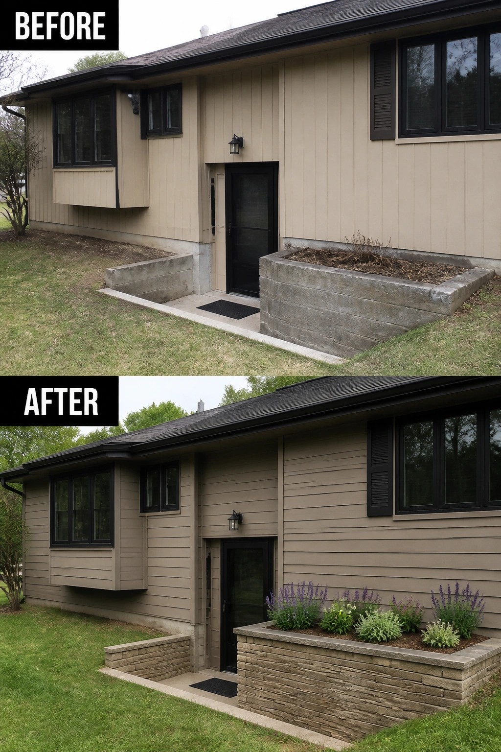 Before-and-after image of a raised ranch walkout entrance where plain concrete retaining walls are replaced with stacked stone planter walls and planted greenery.