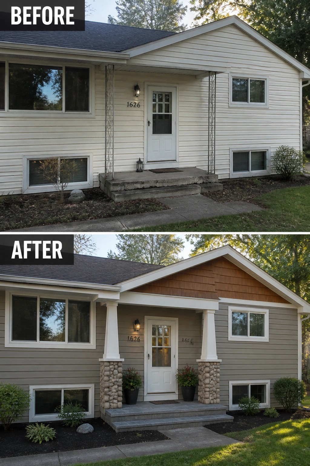 Before-and-after image of a raised ranch front entry updated by replacing thin posts with tapered columns on stone bases, adding planters and new siding to create a defined porch.