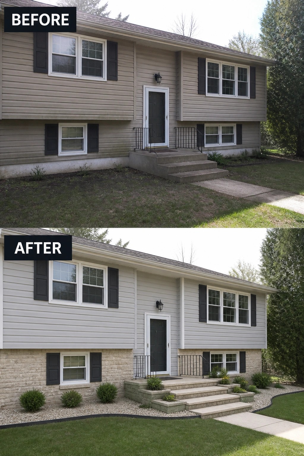 Before-and-after image of a raised ranch showing a plain concrete entrance updated with stone cladding, layered steps, and low planted gravel beds.