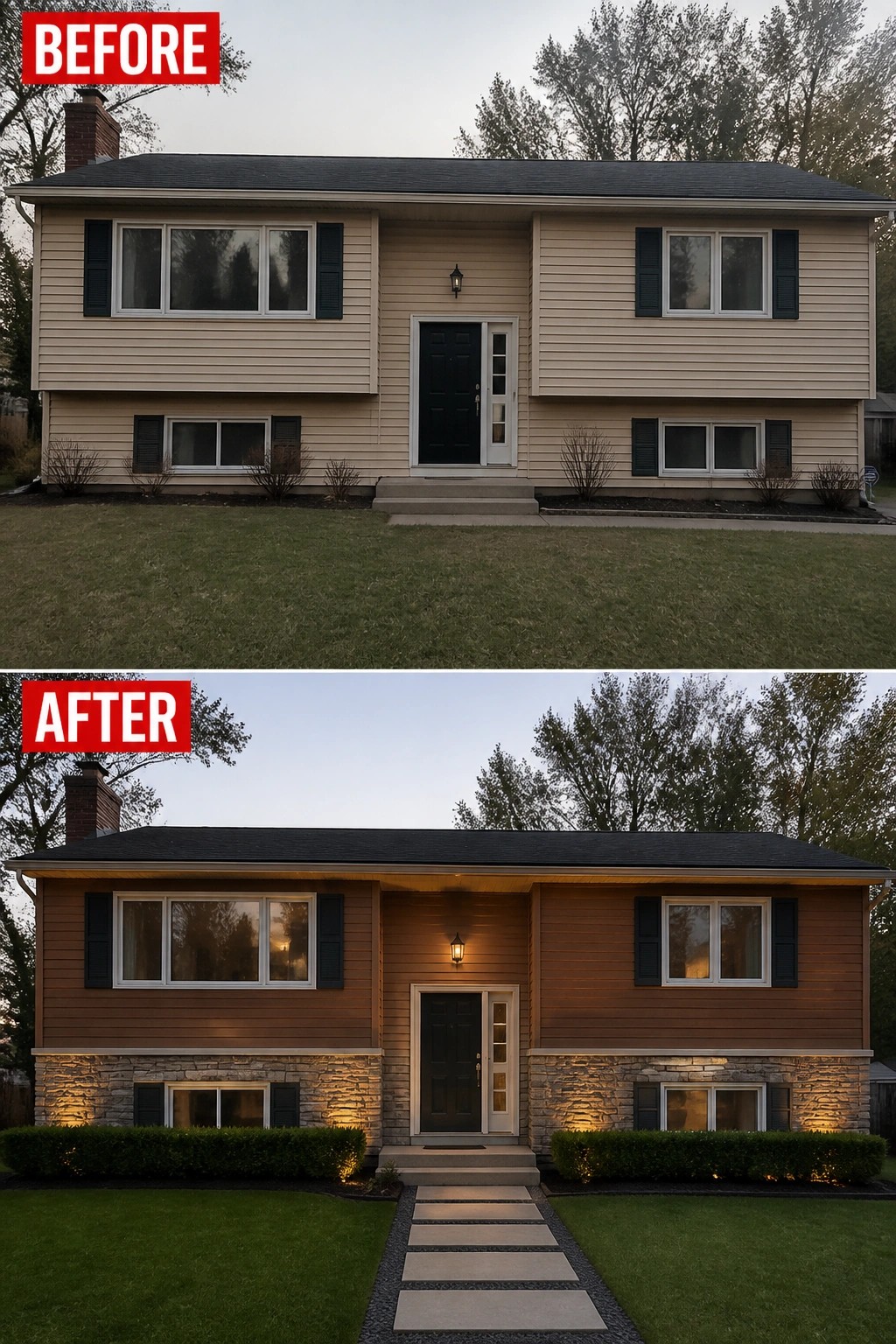 Before-and-after image of a raised ranch exterior updated from plain beige vinyl siding to a two-tone wood-look siding with stone veneer, new pathway, and exterior lighting.