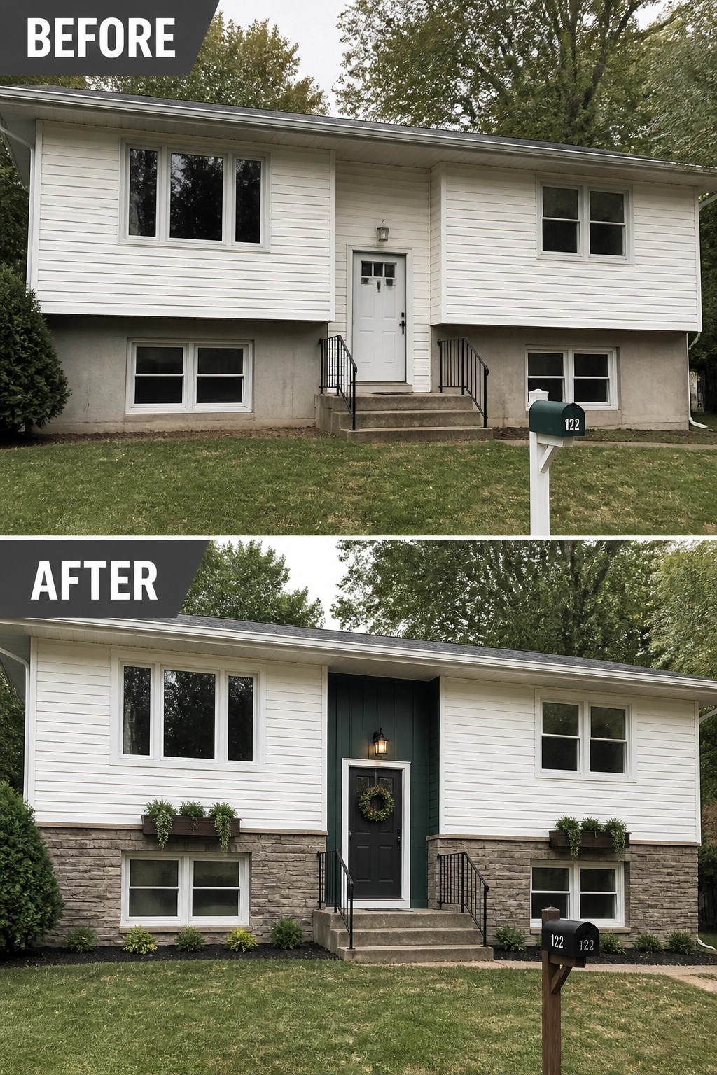 Before-and-after image of a raised ranch front where the plain lower concrete is updated with stone veneer and the recessed entry is painted a contrasting color with a new dark front door.