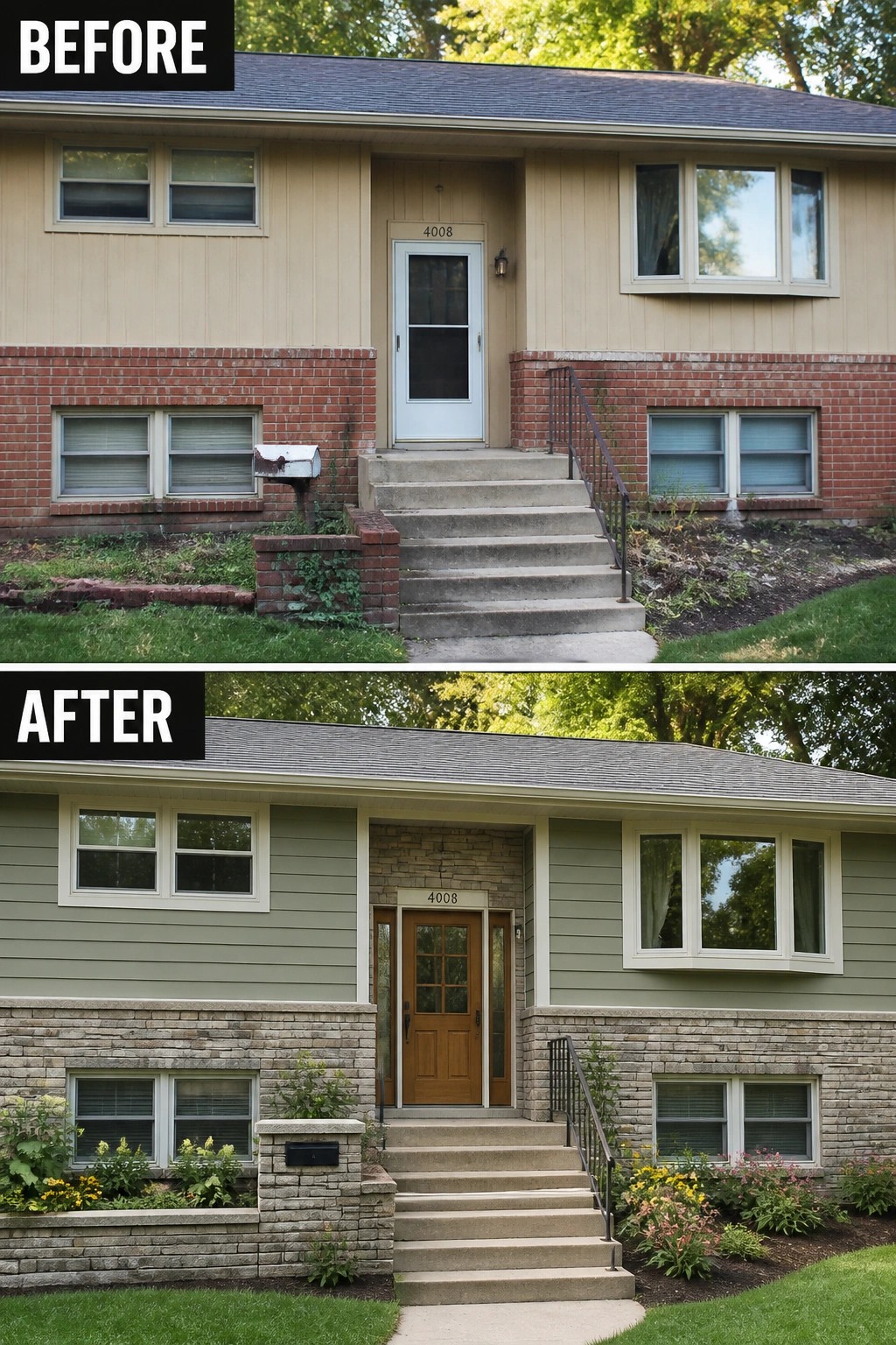 Before-and-after image of a raised ranch exterior updated from plain beige siding and red brick to coordinated horizontal siding, light stone veneer base, and a wooden front door.