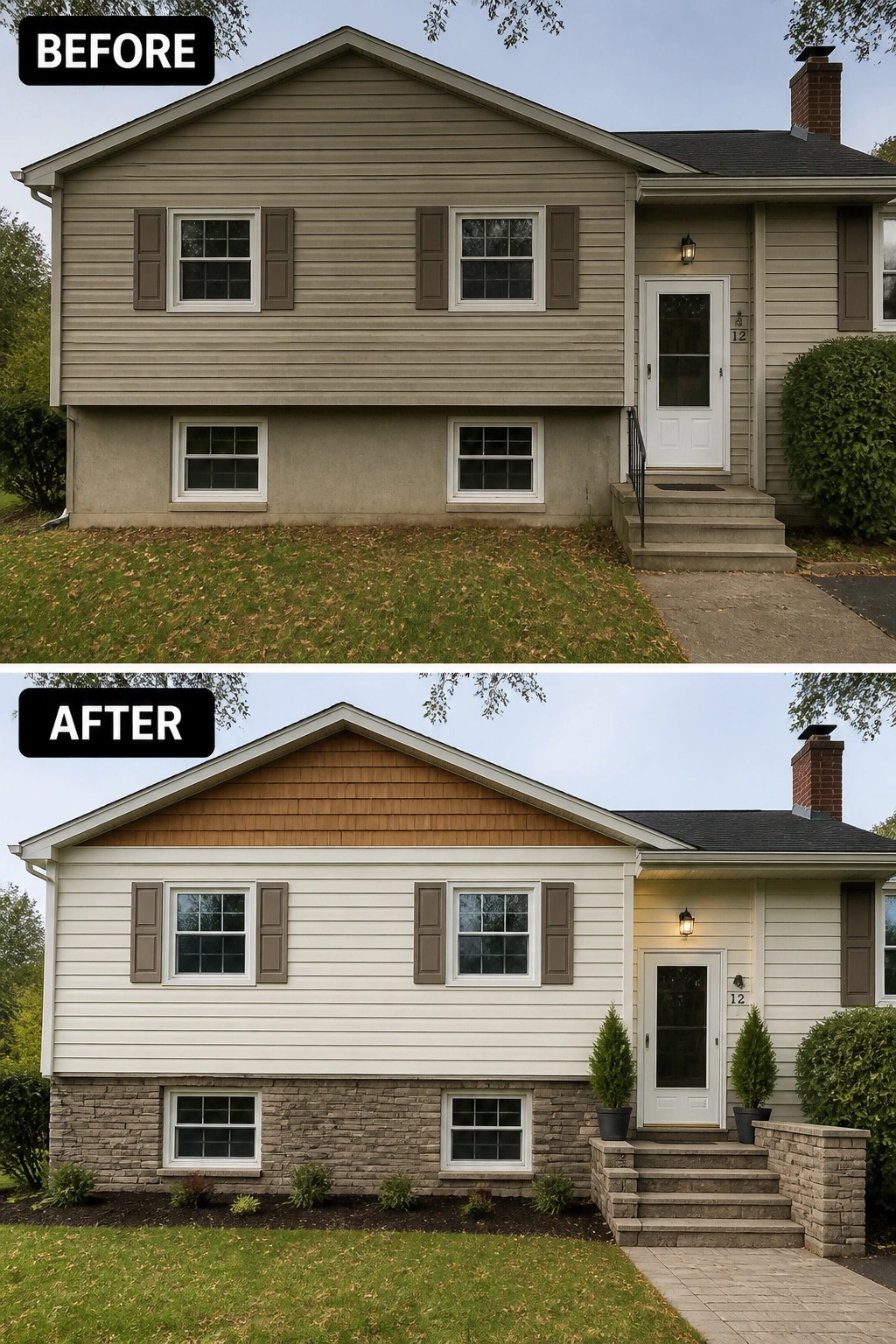 Before-and-after image of a raised ranch exterior updated by adding light horizontal siding and a stone veneer base with new stone steps and planters.