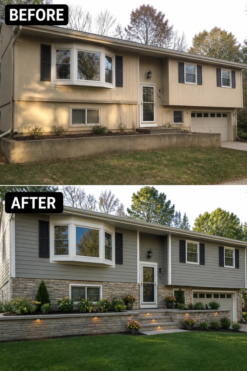 Before-and-after image of a raised ranch showing original beige vertical siding updated to gray horizontal siding with a new stone veneer base, planter walls, and entrance lighting.
