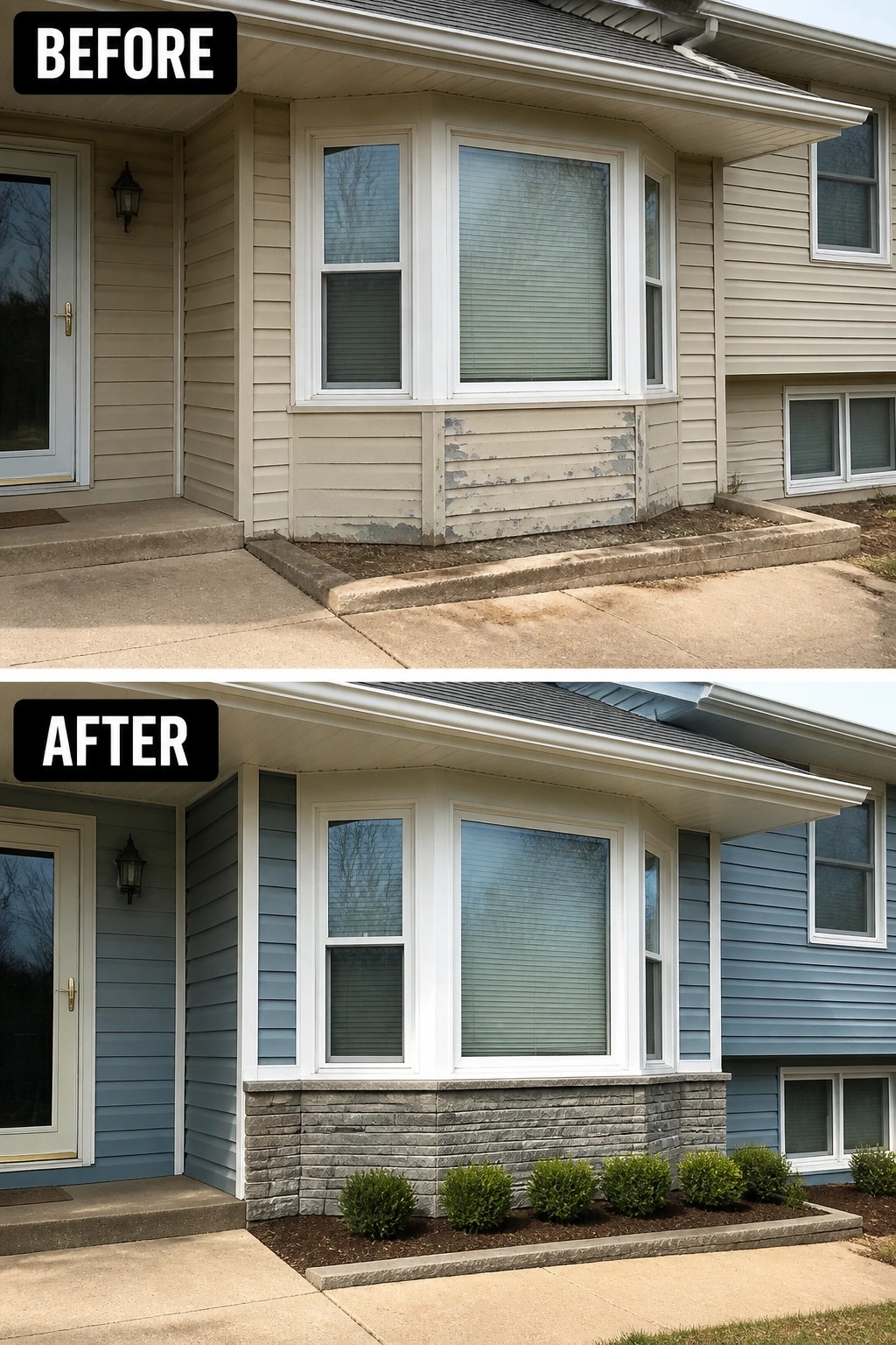 Before-and-after image of a raised ranch front bay updated from beige siding to blue siding with a new stone veneer base and a planted bed.