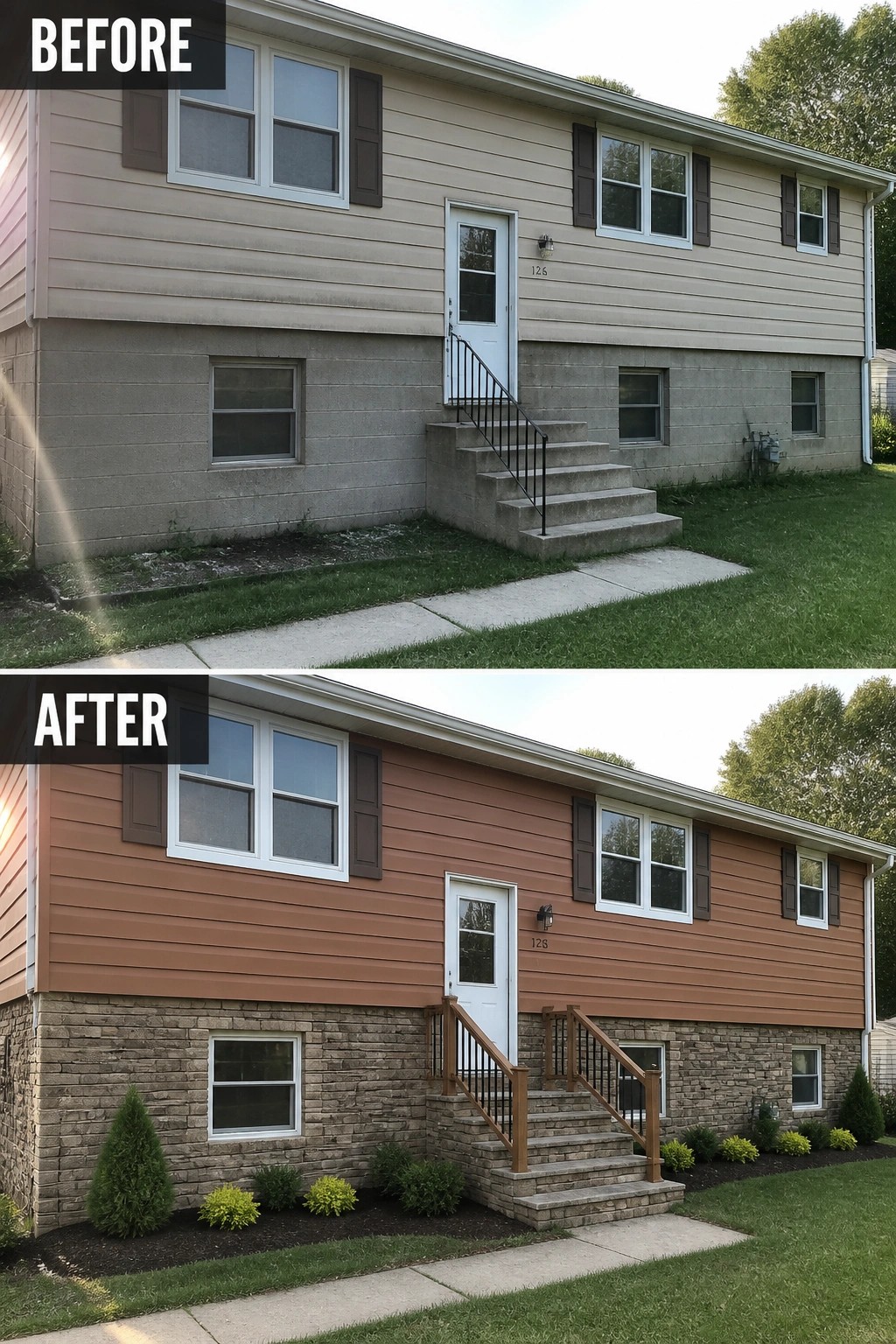 Before-and-after image of a raised ranch where a plain concrete block foundation and beige siding are updated with stone veneer on the lower level, a new siding color, railings, and simple planted