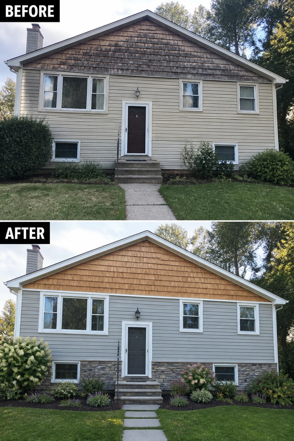 Before-and-after photo of a raised ranch exterior updated by replacing upper shingles with cedar shakes, repainting the siding gray, and adding a stone veneer base.