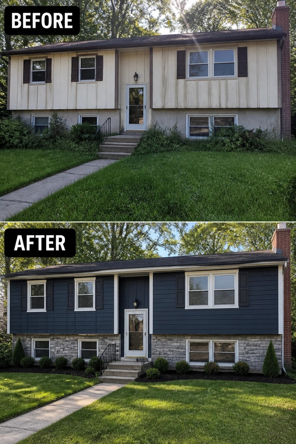 Before-and-after image of a raised ranch where pale vertical siding and overgrown beds are replaced with dark horizontal siding, white trim, a stone foundation veneer, and simple shrub plantings.