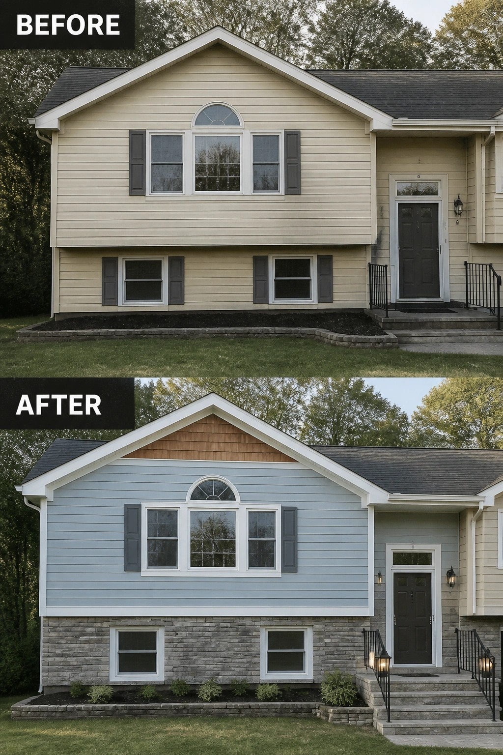 Before-and-after image of a raised ranch where plain beige siding was replaced with blue siding, white trim, and a new stone veneer base.