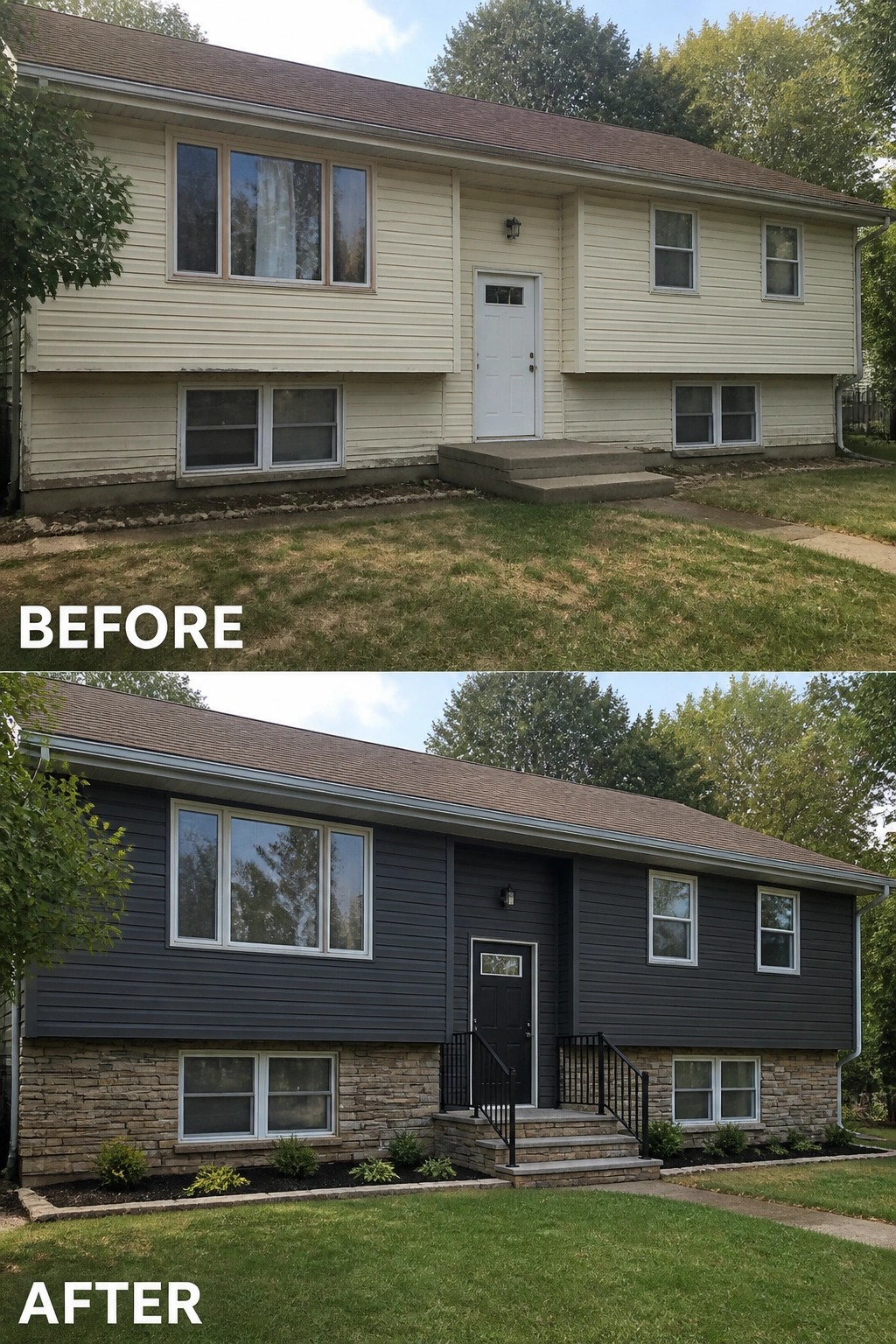 Before-and-after image of a raised ranch exterior updated by replacing light vinyl siding with dark siding and adding stone veneer at the foundation.