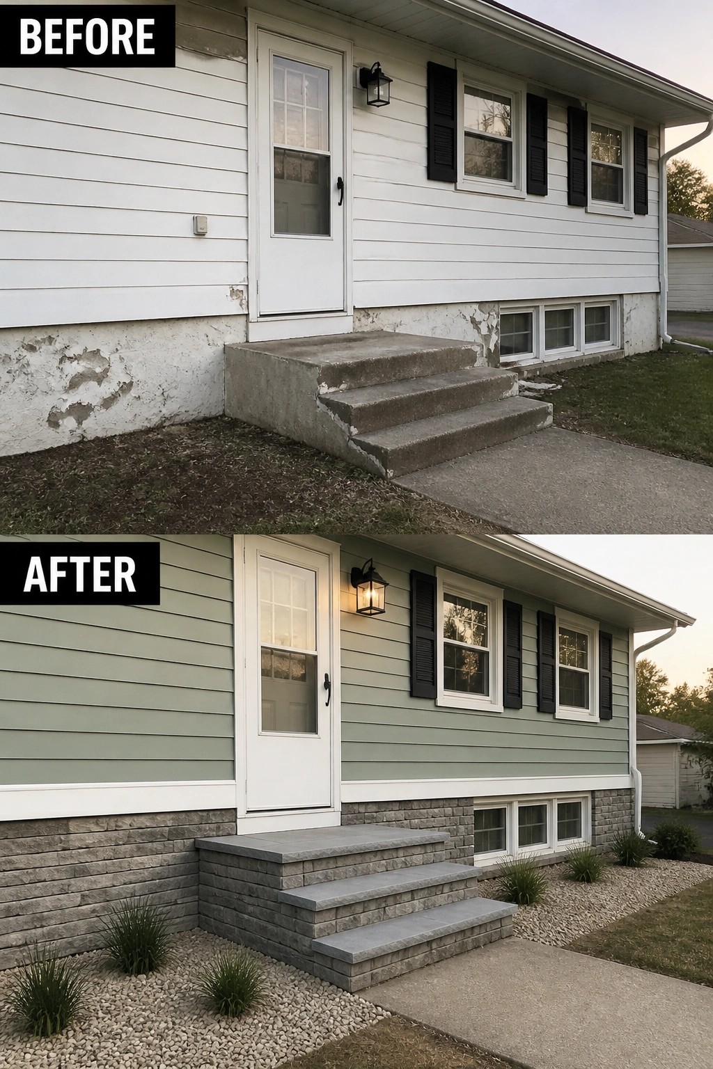Before-and-after image of a raised ranch front entry showing worn concrete steps and peeling foundation replaced with stacked stone steps and stone veneer below new siding.
