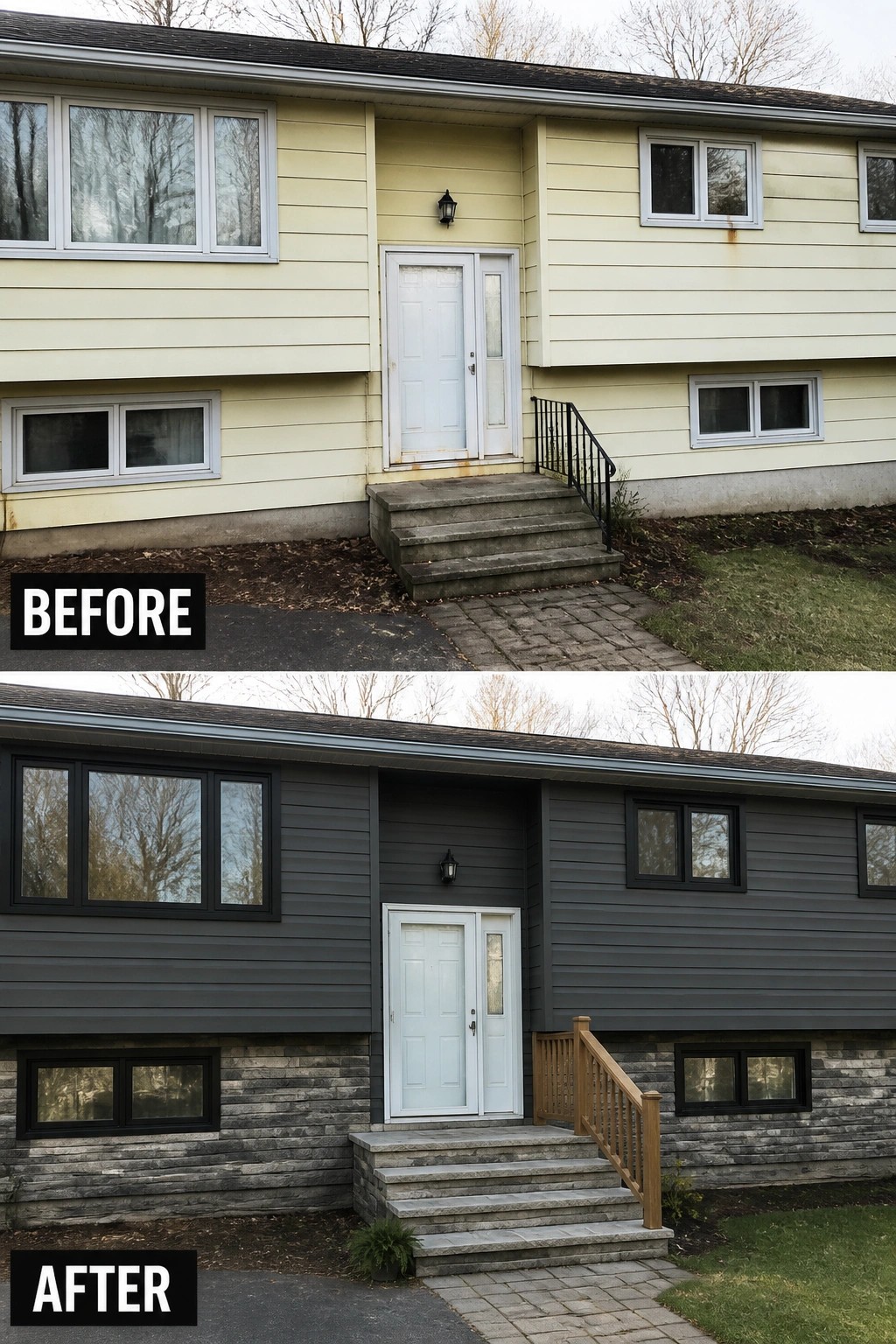 Before-and-after image of a raised ranch updated from pale yellow siding to dark horizontal siding with stone veneer on the lower level.