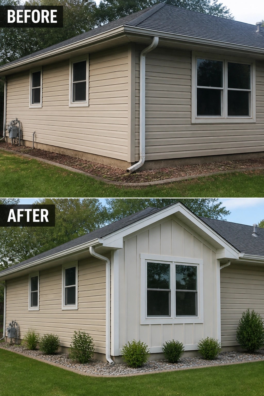 Before-and-after image of a ranch house side where a plain horizontal-siding wall is updated with a small gabled board-and-batten accent and new shrubs with a stone bed.
