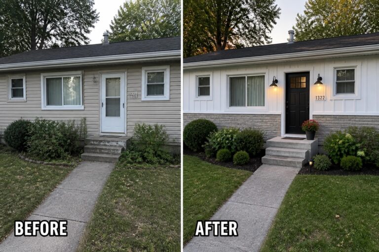 Before-and-after image of a single-story ranch house updated from horizontal siding to vertical board-and-batten with a new dark front door, exterior lights, and cleaner landscaping.