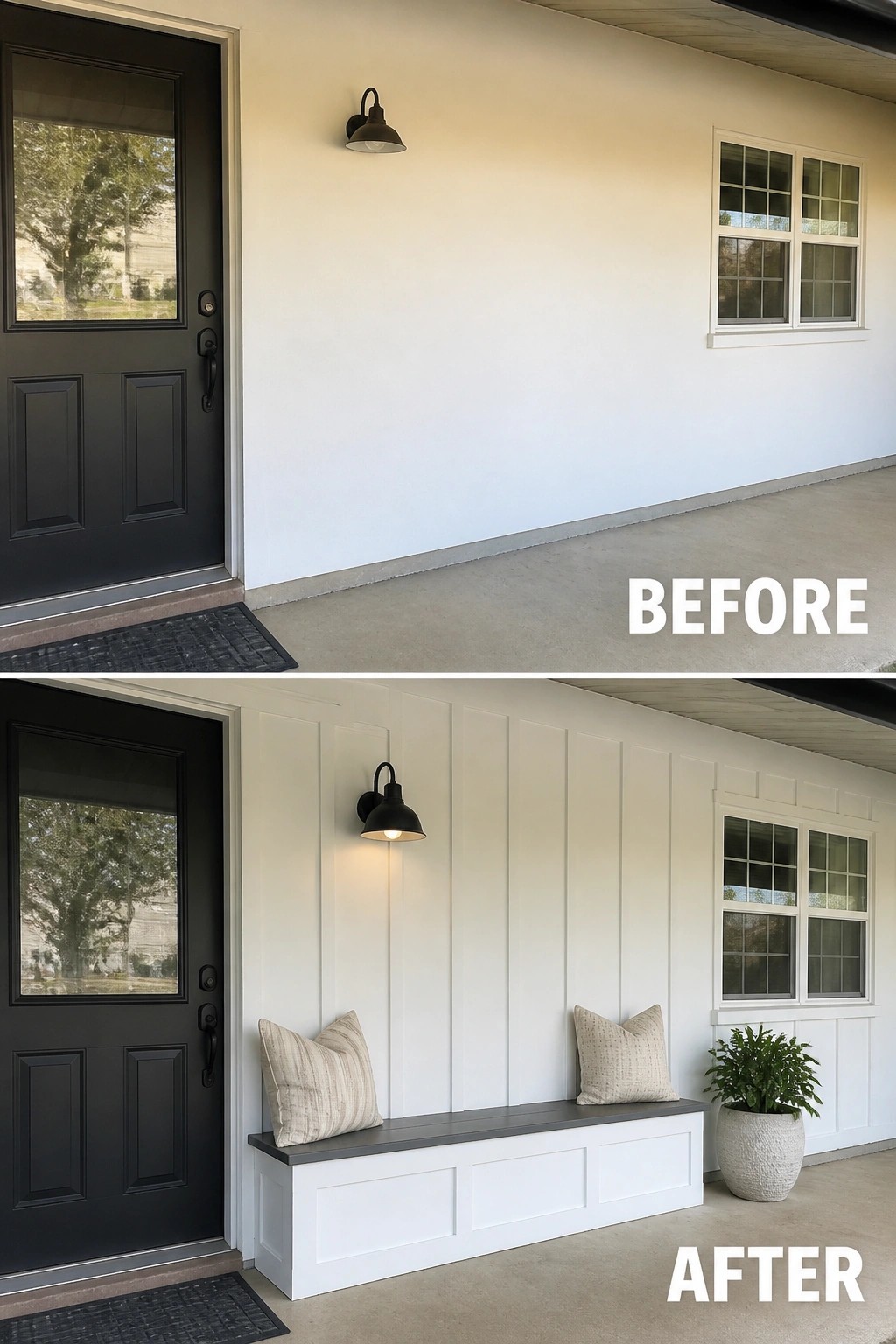 Before-and-after image of a plain front porch updated with vertical board-and-batten trim and a built-in bench with cushions and a planter.