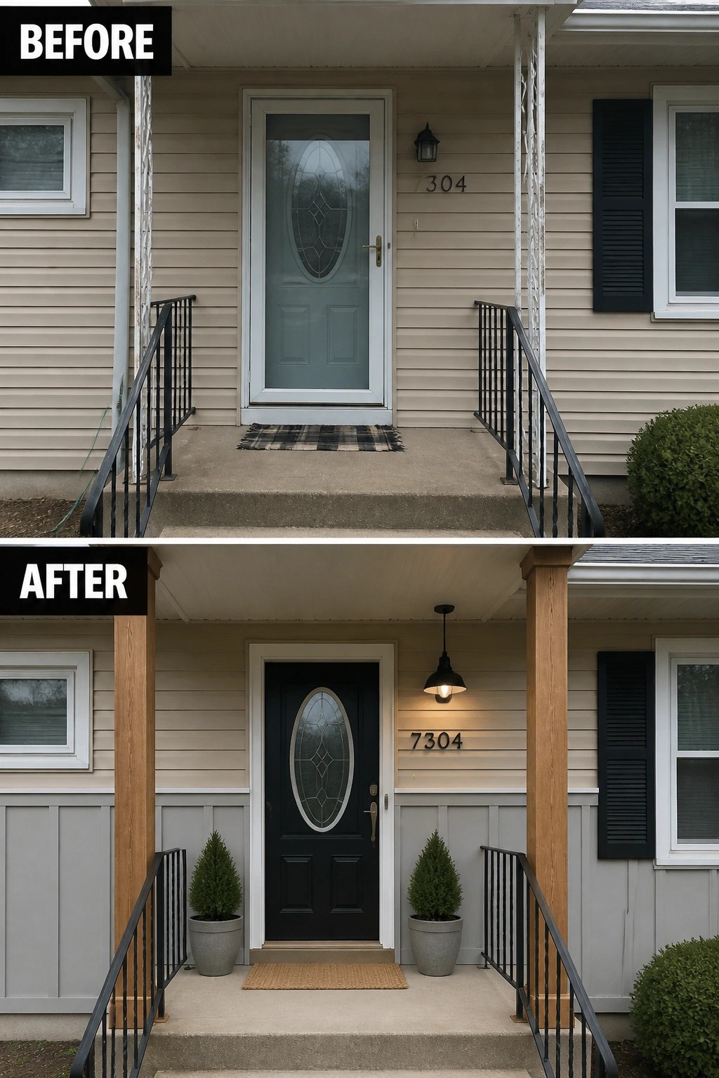 Before and after porch: beige siding converted to gray board-and-batten, black door, wooden columns