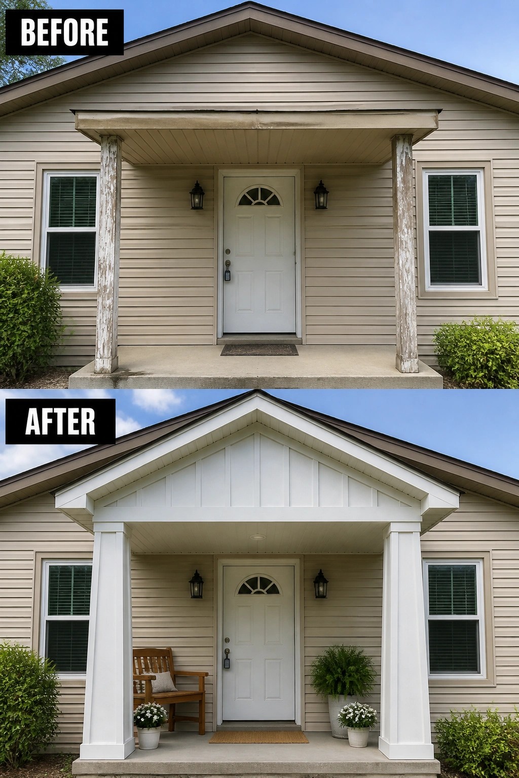 Before-and-after image of a plain front porch updated with board-and-batten on the gable, wrapped square columns, and simple seating with planters.